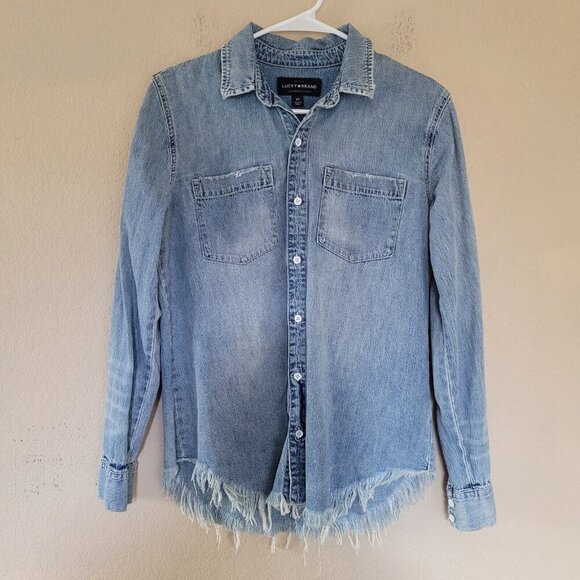 Lucky Brand Tops - Lucky Brand Chambray Button Boyfriend Shirt Denim Size Xs Blue Fringe Western